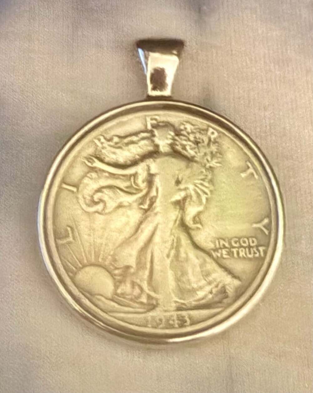 Vintage 1943 Walking Liberty Half Dollar Coin in Silver Setting Pendant